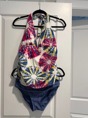 Tommy Hilfiger Tie-Dye Halter Tankini Swimsuit - White with Pink, Blue & Yellow